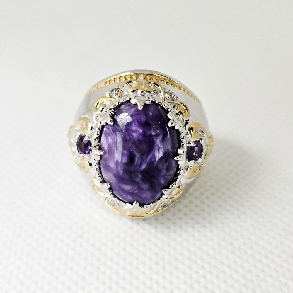 Genuine Charoite & Amethyst Ring Palladium Sterling Silver 18k YG Size 6.5! - Picture 2 of 9